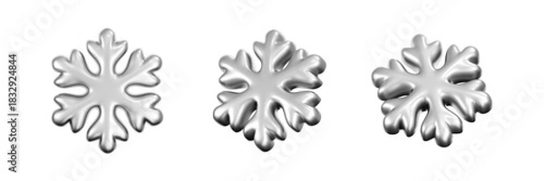 Fototapeta 3D silver snowflakes with a glossy metallic surface, isolated on a dark background. Render of shiny chrome snowflakes, winter elements for Christmas and New Year design or decorations. 3D vector icon