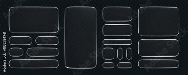 Fototapeta 3D liquid glass buttons with a transparent neon silver glow effect, isolated on a dark background. Render of liquid glass frame, UI UX elements for phone app or game interfaces. 3D tech digital vector