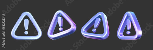 Fototapeta 3D holographic alert icon with exclamation mark. Render of triangle holo symbol of hacker attack, AI threat, data protection, spam, privacy, cybersecurity, scam, fraud and digital risk. 3D vector