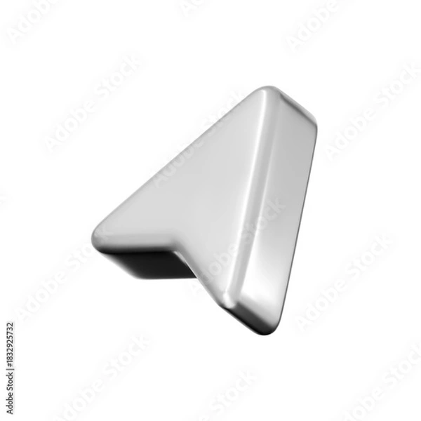 Fototapeta 3D silver arrow cursor icon with glossy metal gradient, isolated on white background. Render of chrome arrow pointer for interfaces, tech navigation, mouse click, and location search. 3D vector icon