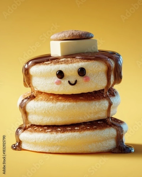 Obraz Cheerful Kawaii Pancake Character with a Happy Smile, Butter, and Dripping Chocolate.