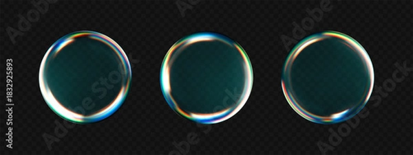 Fototapeta 3D water drop icons set. Glossy transparent blobs with holographic rainbow edge, fluid texture and light reflections. Realistic abstract UI elements for cosmetics, serum, or futuristic design