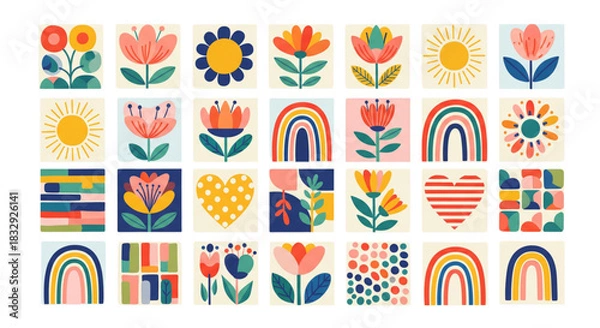 Fototapeta Boho Floral Rainbow Icons Set for Spring Summer Textile Print Web Design Product Packaging