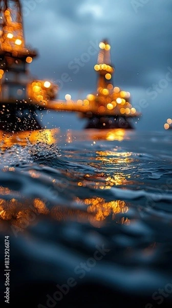 Fototapeta An oil rig is seen at dusk with lights reflecting on the water, creating a beautiful and dramatic scene.