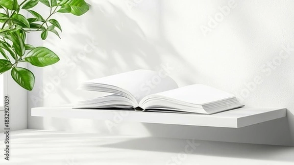 Fototapeta An open book sits on a white shelf with a plant and sunlight creating shadows on the wall. The image has a minimalist and clean aesthetic.