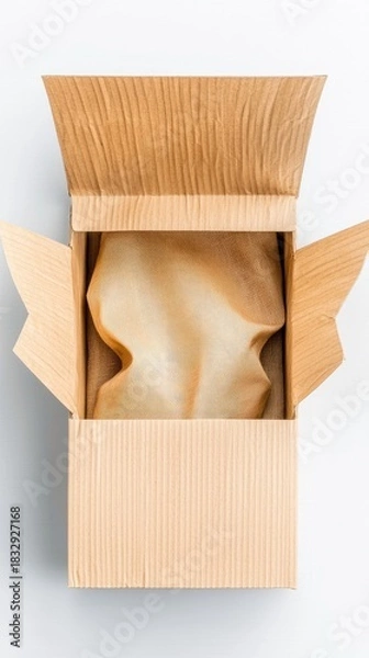 Fototapeta Top-down view of an open cardboard box with tissue paper inside, set against a white background.