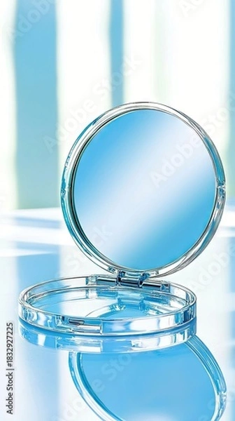 Fototapeta An open compact mirror reflecting light, placed on a glossy surface. The image has a blue color scheme and a clean, minimalist aesthetic.