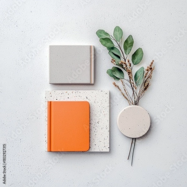 Fototapeta A top-down shot showcases an orange notebook, a gray square, a textured square, and a small vase with greenery, all arranged on a white textured surface.