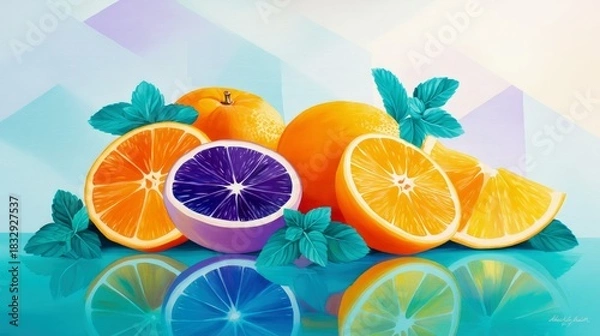 Fototapeta A vibrant artistic still life featuring oranges, mint leaves, and a purple citrus fruit, reflected on a glossy blue surface. The composition is set against a ge
