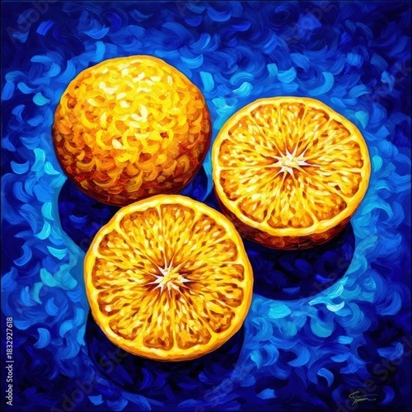 Fototapeta An artistic still life painting featuring three oranges, one whole and two sliced, set against a textured blue background.