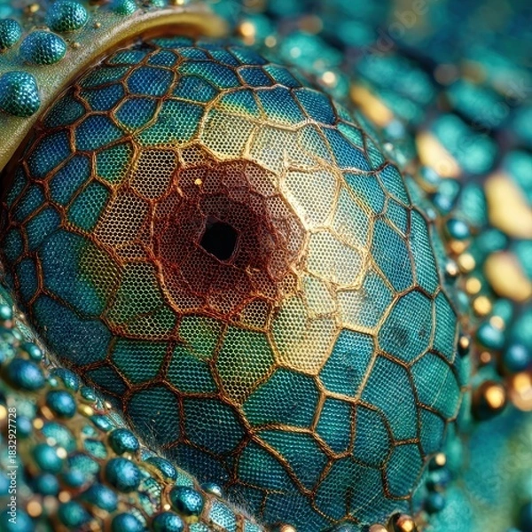 Obraz Jeweled Reptile Eye Macro - Intricate Teal and Gold Facets with Metallic Sheen.