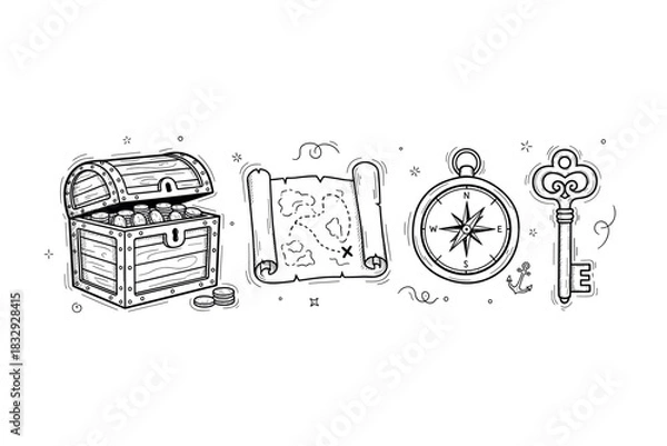 Obraz Treasure chest and adventure elements: map, compass, key, coins, nautical theme
