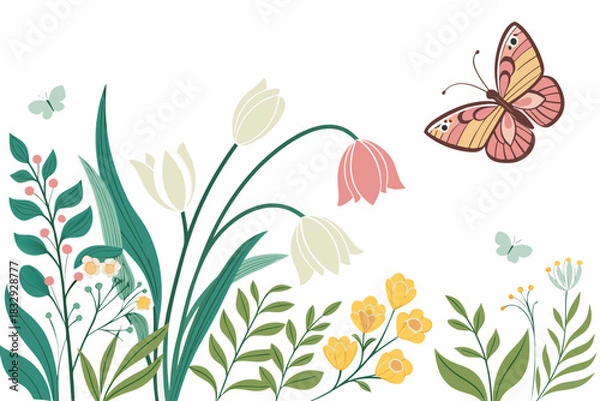 Obraz Spring season frame with flowers butterflies and green leaves vector design