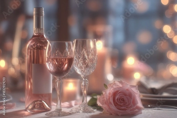 Obraz Romantic Ros? Wine Dinner - Bottle, Glasses, Pink Rose, and Warm Candlelight Bokeh.