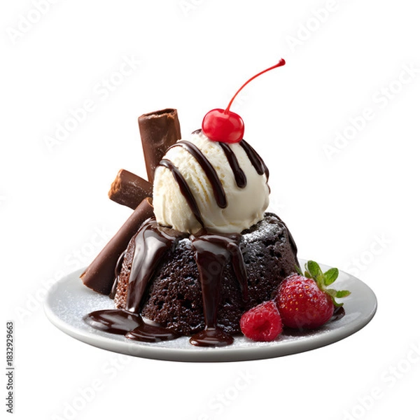 Obraz Molten chocolate cake with ice cream isolated on transparent background