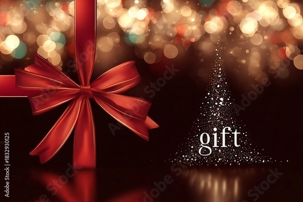 Fototapeta Celebrate the Magic of Christmas with Sparkling Lights and Festive Cheer Featuring a Glowing Tree and Elegant Red Ribbon Gift Design