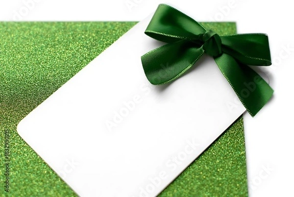 Fototapeta Elegant Blank White Card with Green Satin Bow on Glitter Background for Festive Invitations Greeting Notes Holiday Tags or Gift Messages