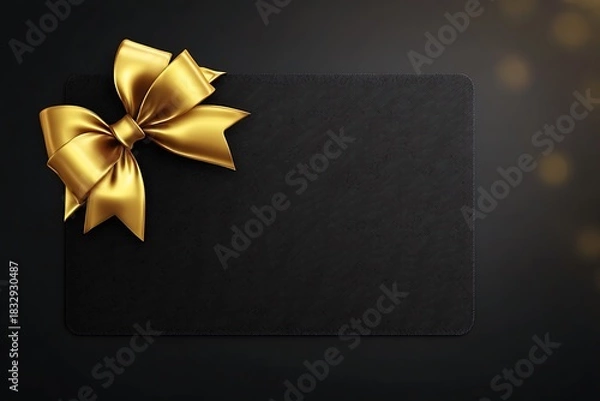 Fototapeta Elegant Black Gift Card with Luxurious Golden Bow and Soft Bokeh Lights Perfect for Upscale Invitations and Festive Promotions