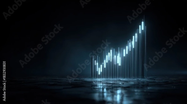 Obraz Luminous Cyan Candlestick Chart Ascending in a Dark, Reflective Digital Void.