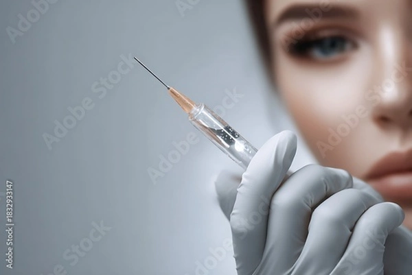 Fototapeta Close-Up of Gloved Hand Holding Syringe for Injection Procedure Highlighting Medical Safety and Precision in Healthcare or Cosmetic Treatment