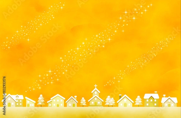 Obraz 温かい黄色の冬景色背景・星空と家並みのイラスト