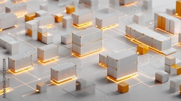 Fototapeta Modern Logistics Network with Interconnected Shipping Containers: Illustrates global trade, supply chain management, and distribution networks with warm, inviting lighting