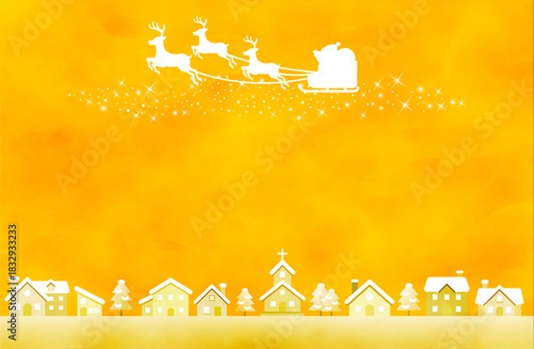 Obraz クリスマスのサンタとトナカイのシルエットと冬の街並み背景（黄色）