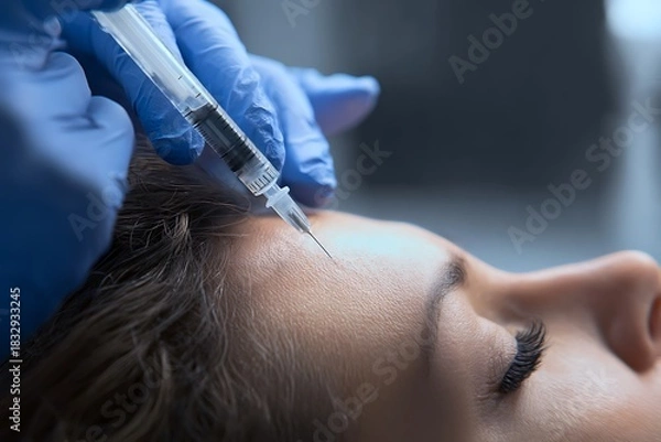 Fototapeta Forehead Cosmetic Injection Procedure for Wrinkle Reduction and Skin Rejuvenation with Syringe and Gloved Hand in Clinical Setting