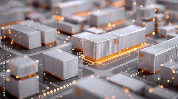 Obraz 3D Abstract of Interconnected Shipping Containers with Glowing Network, Logistics and Global Trade Concept, High-Tech Transportation Theme with Cinematic Lighting and 4k Detail