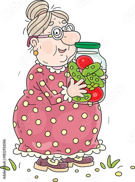 Obraz Happy granny holding a glass jar of canned red tomatoes and green cucumbers in vinegar and brine from her kitchen garden, vector cartoon illustration on a white background