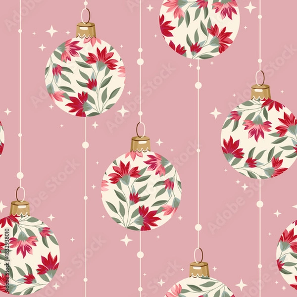 Fototapeta Pink seamless pattern with christmas balls. Flowers and plants. Background for wrapping paper, fabric print, greeting cards. Winter Holiday design.