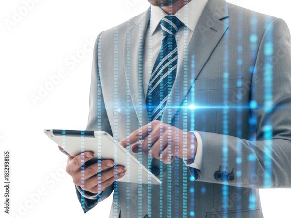 Obraz Businessman in a suit interacting with a digital tablet overlaid with glowing blue binary code streams, symbolizing data analysis and technology integration, isolated on transparent background