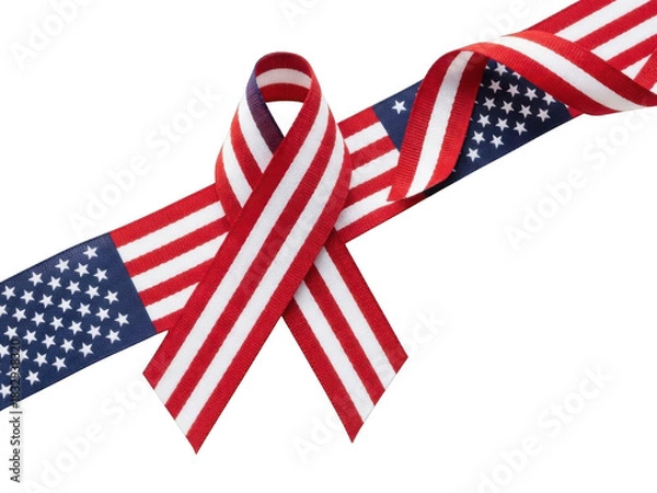 Obraz American flag awareness ribbon made from striped and starred ribbon material, isolated on transparent background