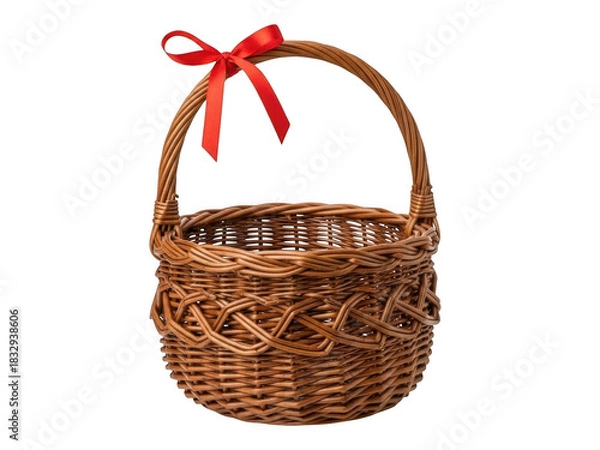 Obraz A small, round wicker basket with a handle, adorned with a bright red ribbon tied in a bow, isolated on transparent background