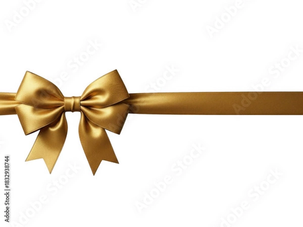 Obraz A luxurious golden satin ribbon tied into a perfect bow, horizontally stretched across a clean transparent background, ideal for gift wrapping and celebration design
