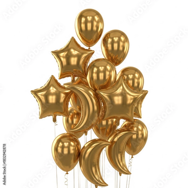 Obraz A luxurious cluster of shiny golden balloons featuring star, crescent moon, and classic round shapes, perfect for festive decorations and celebratory events, adding glamour to any special occasion