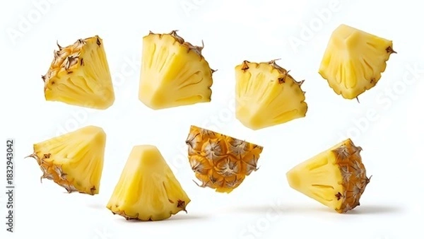 Fototapeta Scattered pineapple chunks on a white background in studio lighting