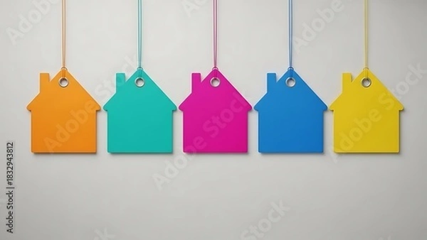 Fototapeta Five colorful house shaped tags hanging against a white background