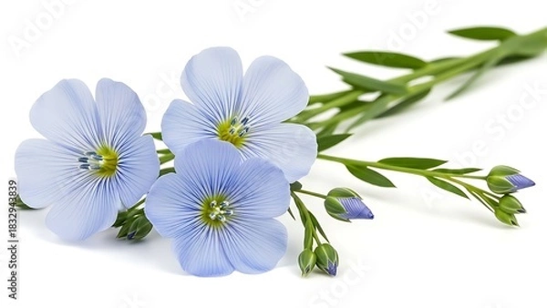 Fototapeta Close up of three flax flowers with buds and stem on white background
