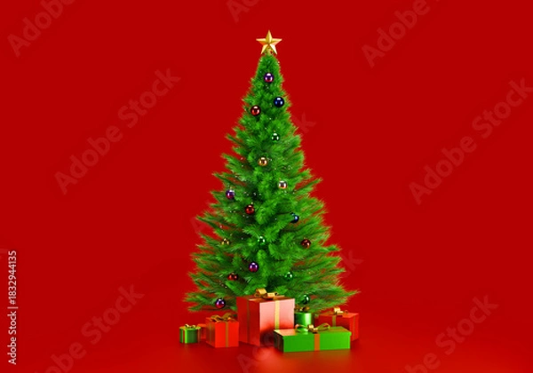Fototapeta Decorated Christmas tree with presents for new year on red background