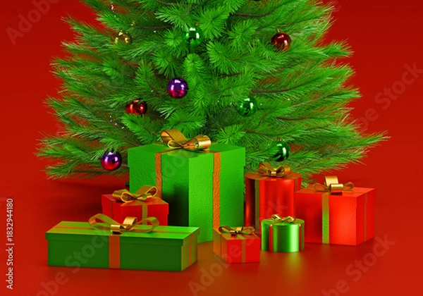 Fototapeta Decorated Christmas tree with presents for new year on red background
