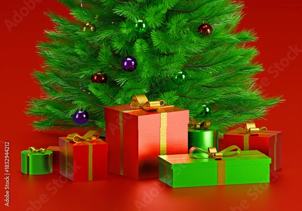 Fototapeta Decorated Christmas tree with presents for new year on red background