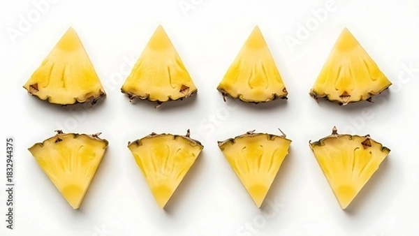 Fototapeta Eight pineapple slices arranged on a white surface in two rows