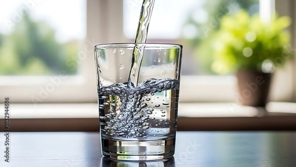 Fototapeta Water being poured into a clear glass on a table near a window