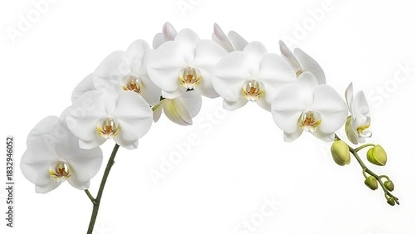 Fototapeta A branch of white orchids in full bloom against a white backdrop