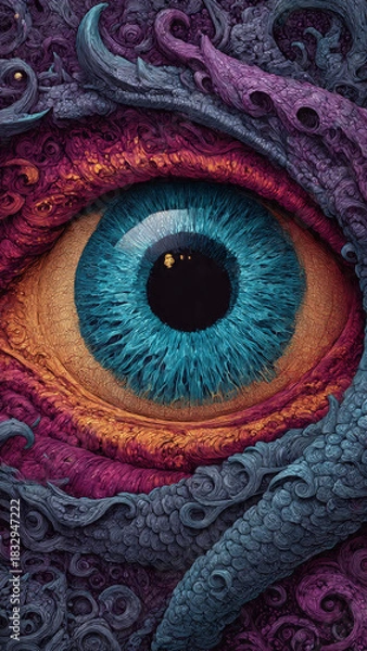 Fototapeta Weird abstract eye of fantasy monster in stylized chaos. Intense colorful close up view with ornate detail