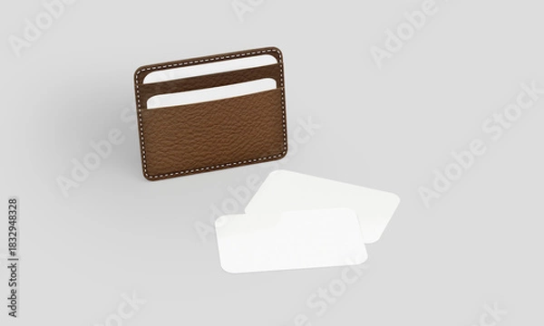 Obraz Brown leather card holder isolated mockup 3D rendering