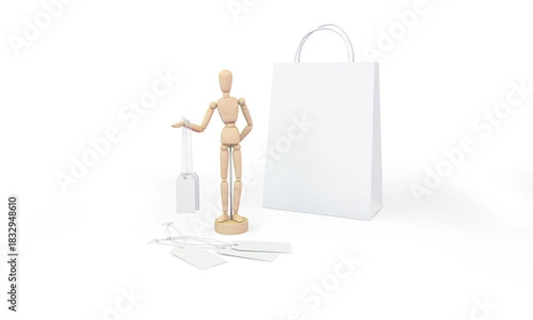 Obraz Wooden mannequin with bag isolated mockup 3D rendering