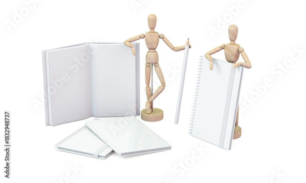 Obraz Wooden mannequins with blank notebooks isolated mockup 3D rendering