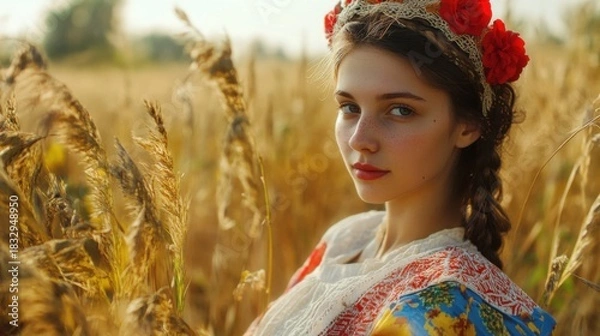 Obraz Slavic woman with red flower crown standing in traditional attire in a golden field. Portrait of a young 20s lady in a rural harvest setting. Beautiful pretty girl wear tradition clothing.